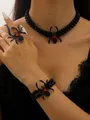 Gothic black beaded spider jewelry set with red gemstone necklace, bracelet and ring - Spider Red Ruby Jewelry 3-Piece Set (Ring + Bracelet + Necklace)