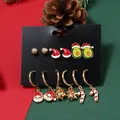 6-pair set of gold Christmas earrings featuring Santa hats, sloths, and candy cane charms - 6 Pairs/Set Christmas Hat Flower Snowman Candy Cane