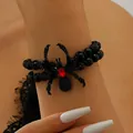 Gothic-Doppelarmband aus schwarzen Perlen mit einem großen roten Spinnenanhänger - Roter Rubin Schwarzes Spinnenarmband (3741)