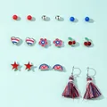 9-pair USA Independence Day earring set with red white and blue tassels and stars - Red White Blue Theme Earring 9-Pair Set (DL612)