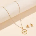 Close-up of gold stainless steel necklace and star-engraved circular earrings set - Star Circle (FX42) / Gold