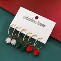 Three pairs of gold C-shaped earrings with red, green, and white rhinestone ball pendants - 3 Pairs/Set Christmas Color Balls