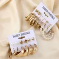 Detailed set of vintage gold hoop earrings and pearl studs on fashion packaging - Gold Two-Card Heart Artificial Pearl Hoop Set (A-22)