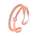 Rose gold adjustable open ring with double layer design featuring pink flower and zircons - Double-Layer Pink Flower Style (11925) / Rose Gold (11925)