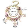 Bracelet à breloques doré DIY avec fleurs roses, étoile de mer, tortue et perles de verre - Style Océan Tortue Étoile De Mer Or (FX996)