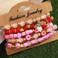 5-delige set stapelbare kralenarmbanden met roze hartjes en polymeerkralen - Roze Rood Hart LovelyGirl Stijl (HS1586-3)