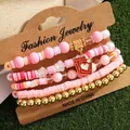 Set di 5 bracciali a strati con ciondolo a cuore rosa e perline in argilla - Stile Cuore Carta da Gioco (HS1586-5)