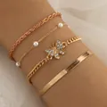 Goldenes 4-teiliges Armband-Set mit Schmetterling, Perlen und Figaro-Ketten - Schmetterling Perlenanhänger Twist Schlangen Kombination (0111) / Gold