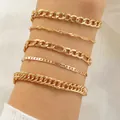 Bohemian gold plated five-piece bracelet set featuring figaro and twisted rope chains - Curb Twist Figaro Combination (0731) / Gold