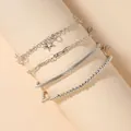 Silver Bohemian four-piece bracelet set with star charm, bead chain and link chains - Star Pendant Bead Mesh Combination (0204) / Silver