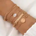 Five-piece gold bohemian bracelet set featuring Cuban link chain and pearl details - Cuban Pearl Bar Pendant Combination (0821) / Gold