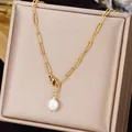 Elegant gold paperclip chain necklace with a single white pearl pendant on satin gift box - Thick Artificial Pearl Chain