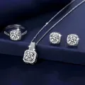 Elegantes Silber-Schmuckset mit Kissen-Schliff-Halskette, Ring und Ohrsteckern - 3-teiliges Schmuckset (Halskette+Ohrringe+Ring) / Silber
