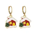 Detailed close-up of enamel Christmas earrings featuring a snowy red house and green tree - Snowy Cabin Combo (SD050928-1)