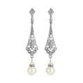 Close-up of vintage teardrop earrings with crystals and white pearls on white background - Silver Hollow Geometric Artificial Pearl Style (L10292-Silver)