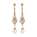 Close-up of gold dangle earrings with sparkling rhinestones and elegant white pearls - Gold Hollow Geometric Artificial Pearl Style (L10292-Gold)