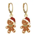 Detailed close-up of gingerbread man enamel earrings with red hat and green bow tie - Cartoon Gingerbread Man Hook (SD050940)