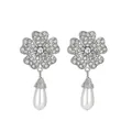 Detailed view of silver flower earrings with pavé crystals and teardrop pearl charms - Silver Five-Petal Flower Water Drop Artificial Pearl Style (L10294-Silver)