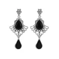 Detail of silver drop earrings with black gemstone and sparkling rhinestones - Silver Hollow Water Drop Black Gemstone Style (L10296)