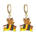 Detail of Christmas reindeer earrings with festive enamel gift boxes on gold hoops - Reindeer Gift Huggie (SD050929)