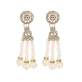 Detail of gold water-drop earrings with white pearl tassels and crystal accents - Gold Artificial Pearl Triple Tassel Style (L10299-Gold)