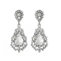 Detailed view of silver teardrop tassel earrings with sparkling pear-cut crystals - Silver Hollow Water Drop Clear Rhinestone Style (L10300)