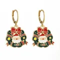 Detailed view of Christmas wreath earrings with Santa Claus and red bow enamel charms - Wreath Santa Claus (SD050943)