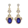 Close-up of vintage gold earrings featuring blue oval gemstones and crystal accents - Gold Palace Retro Blue Gemstone Style (L10301-Blue)