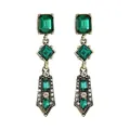 Close-up of vintage drop earrings with green gemstones and rhinestones in bronze finish - Bronze Retro Geometric Green Gemstone Style (L10302-Green)
