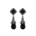 Macro shot of vintage silver earrings featuring black square stones and water drop tassels - Antique Silver Water Drop Black Gemstone Style (L10303)