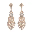 Close-up of rose gold drop earrings with intricate hollow carvings and clear rhinestones - Rose Gold Hollow Palace Style (L10306-Gold)
