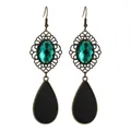 Detail of vintage teardrop earrings featuring green gemstone and matte black drop - Bronze Hollow Green Gemstone Black Drop Style (L10307-Green)