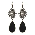 Detail shot of vintage bronze waterdrop earrings with grey gemstone and black pendants - Bronze Hollow Gray Gemstone Black Drop Style (L10307-Black)