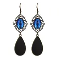 Detailed close-up of retro hollow lace bronze earrings with blue gem and black drop - Bronze Hollow Blue Gemstone Black Drop Style (L10307-Blue)