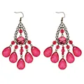 Macro detail of bohemian chandelier earrings with rose red beads and bronze filigree - Bronze Rose Red Chandelier Tassel Style (L10308-Pink)