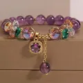 Pulsera de mujer con cuentas de amatista púrpura y colgante de gema cuadrada brillante - Púrpura
