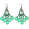 Detailed close-up of bohemian water drop earrings with green crystal and bronze metal - Bronze Emerald Chandelier Tassel Style (L10308-Cyan)
