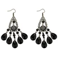 Detailed view of vintage black gemstone waterdrop tassel earrings with bronze filigree base - Bronze Black Chandelier Tassel Style (L10308-Black)