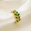Vintage gold leaf ring with green enamel finish and adjustable open band for women - Green Double Layer Leaf (WG-1176) / Gold