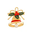Broche cloche de Noël avec houx en émail rouge et vert et une perle blanche pendante - Style Cloche / Or