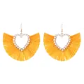 Bohemian heart earrings featuring white faux pearls and vibrant yellow fan-shaped tassels - Heart Fan Tassel Style (K-1046) / Yellow
