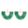 Bohemian gold heart earrings with white pearls and emerald green fan-shaped silk tassels - Heart Fan Tassel Style (K-1047) / Green