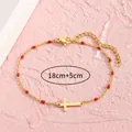 Goldenes Edelstahl-Armband mit Kreuz und roten Emaille-Perlen, Länge 18cm plus 5cm - Rot