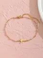 Bracelet de cheville doré en acier inoxydable avec perles roses et pendentif croix - Style Croix Horizontale / Rose Clair (Style 2)