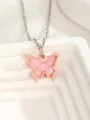 Macro detail of pink butterfly pendant with shimmering double-layer wings on silver chain - Butterfly 2 - Pink