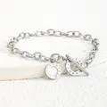 Silver stainless steel T-bar bracelet with Roman numeral pendant and iridescent inlay - Chain Style