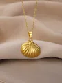 Elegant gold scallop shell pendant necklace on soft champagne satin fabric background - Scallop Style