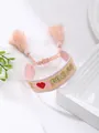 Pink woven embroidered bracelet with golden I Love MOM text and fringe tassels - Pink MOM Style / Pink