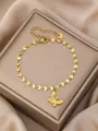 Gold stainless steel butterfly charm bracelet with flat round link chain on satin - Butterfly Bracelet