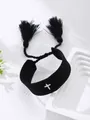 Fashionable black woven bracelet with white cross embroidery and fringe tassels - Black Cross Style / Black